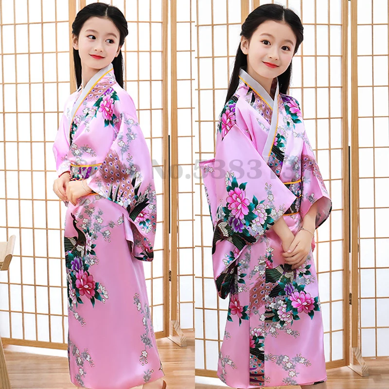 Japanese Kimono Girls Japan Kimono Satin Luxury Novelty Yukata Gown Printed Robe with Obi Children Performance Costume Traditional Asian Clothes