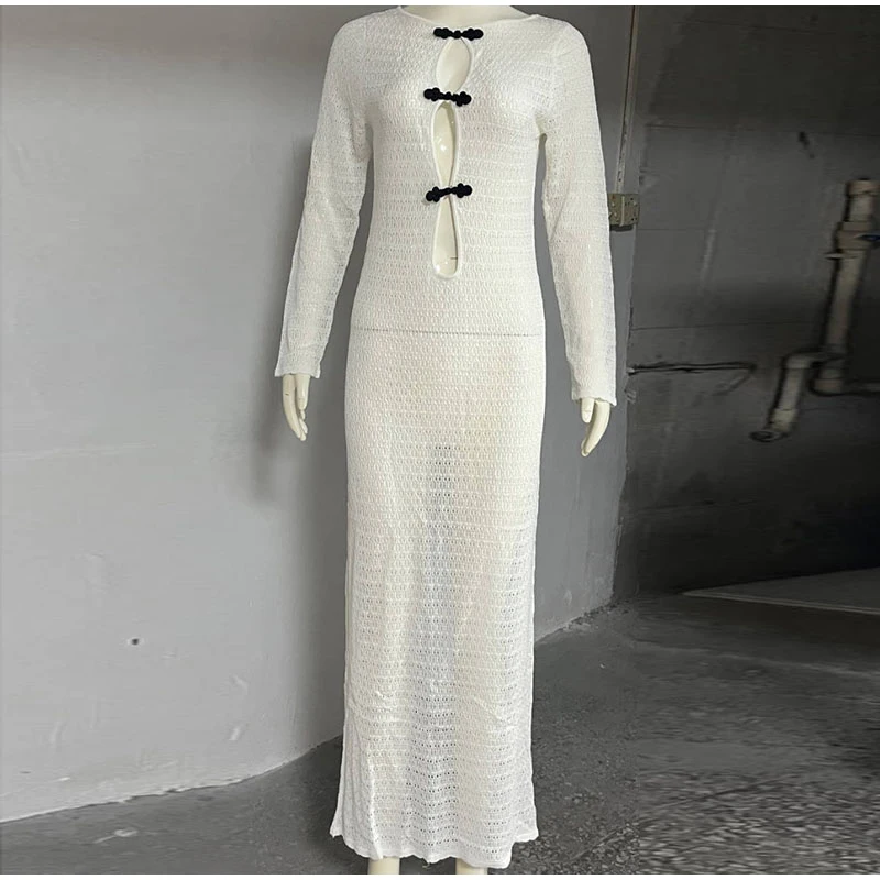 Elegant Hollow Out Knitted Long Dress Women Sexy Backless Solid Long Sleeve Slim Maxi Dresses Female Chic Party Beach Holiday