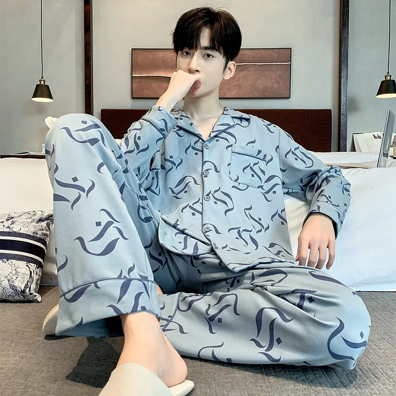 Spring Autumn Men's Pure Cotton Pajamas Long Sleeve Cardigan Pants Two Piece Set Loose Comfortable Casual Home Clothing