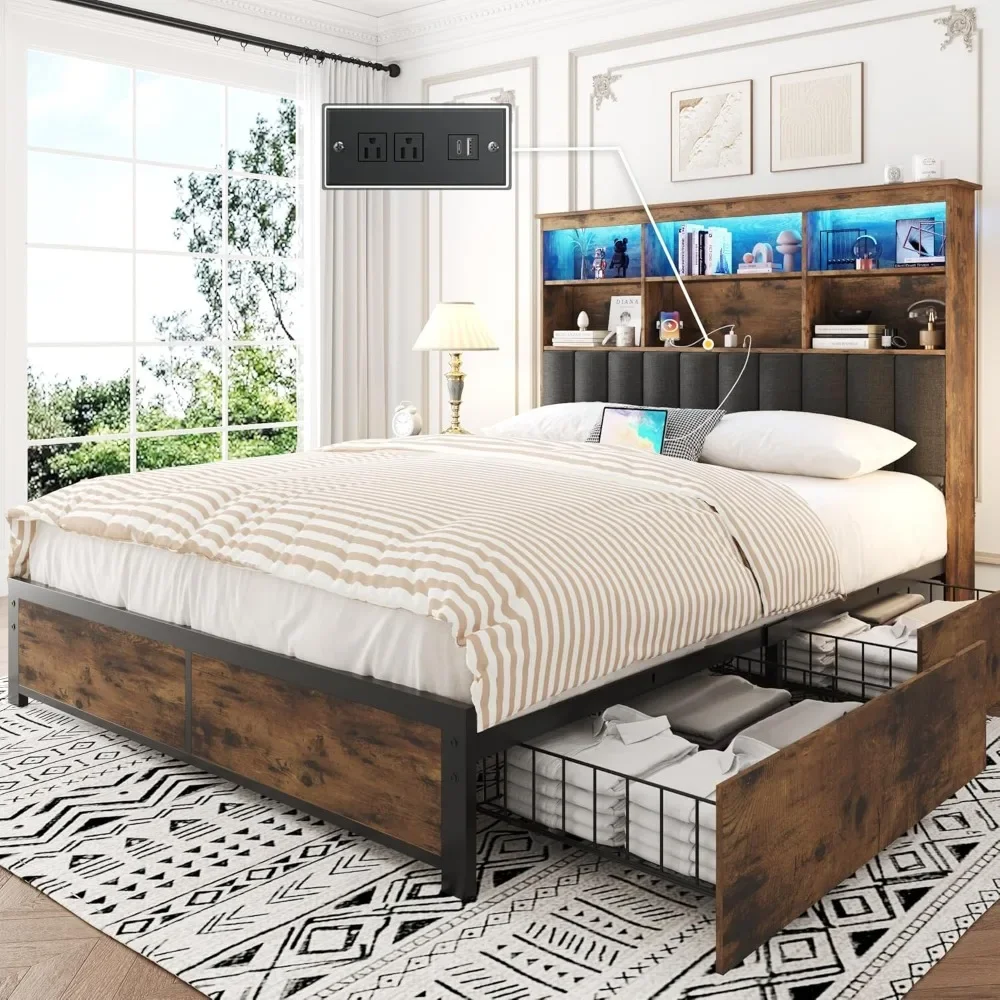 Description Picture 2 of itemQueen Bed Frame with Headboard, Queen Bed Frame with High Storage Bookcase Headboard,4 Storage Drawers & Charging Stati
