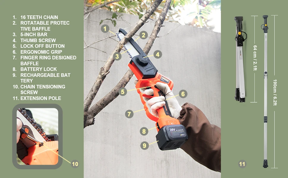 25V Cordless Electric Pruner with Extension Pole and Chain Saw | Electric Pruning Shear | Gardening Accessories