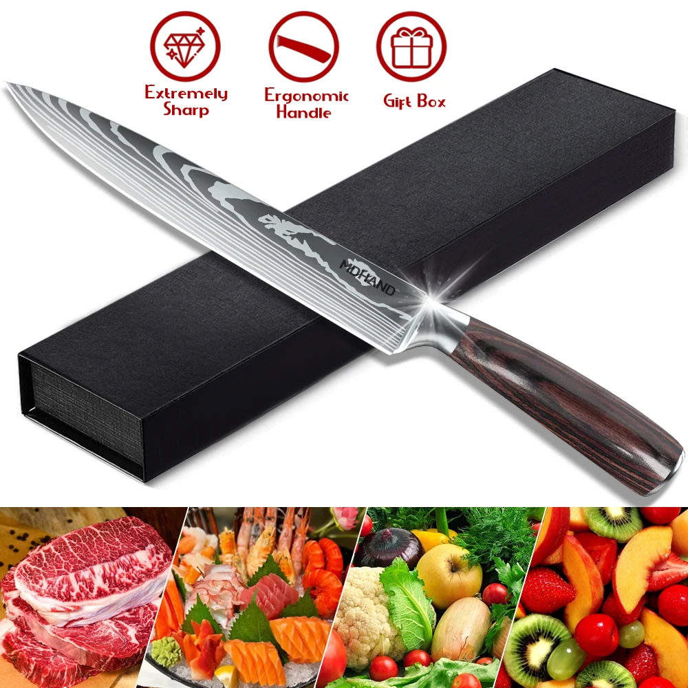 Japanese Utility Knife 8 Inch Slicing Knife Sharp Meat Filleting Salmon Kitchen Professional Chef Knife Damascus Pattern