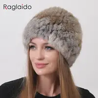 Warm Fluffy Women's Winter Hats 2023 Natural Rabbit Fur Knitted Beanie Russian Soft Cozy Fur Hat