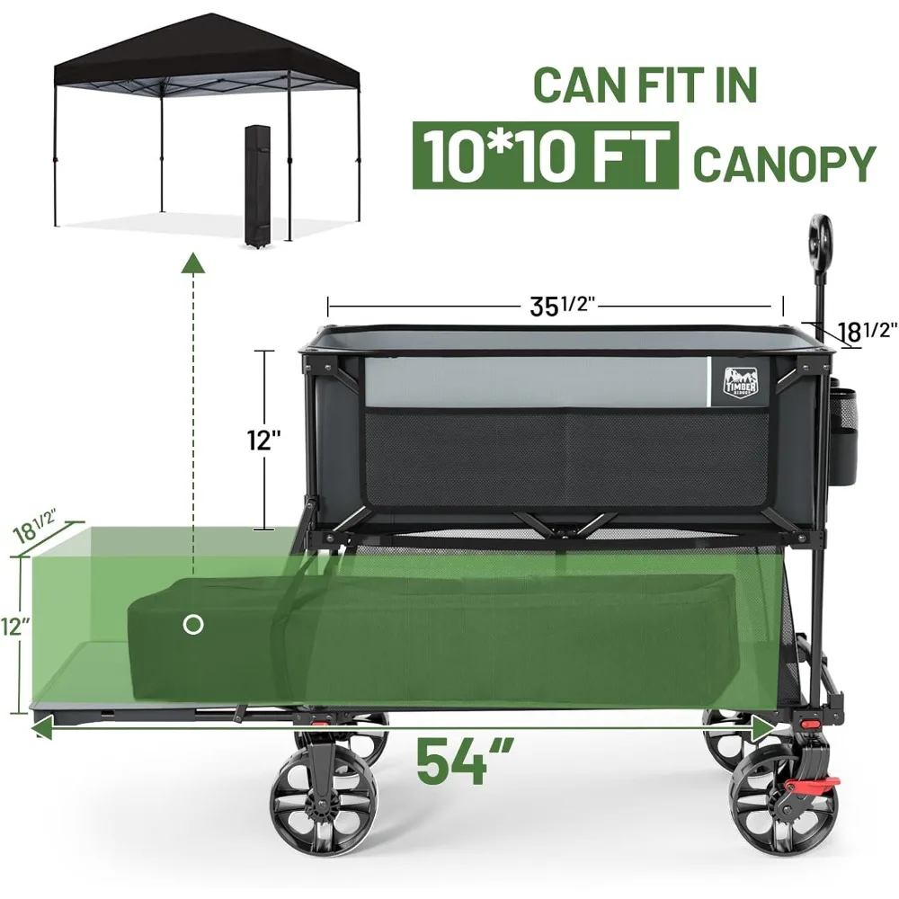 400L Large Capacity Folding Double Decker Wagon with Brakes,54" Extra Long Extender Wagon Cart450lbs Heavy Duty Collapsible Cart