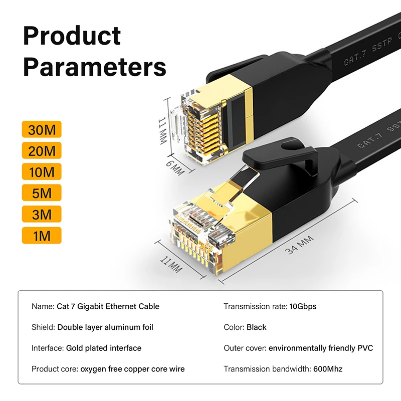 High-Speed Flat Ethernet Cable - 10 Gigabit, STP Twisted Pair Patch Cord