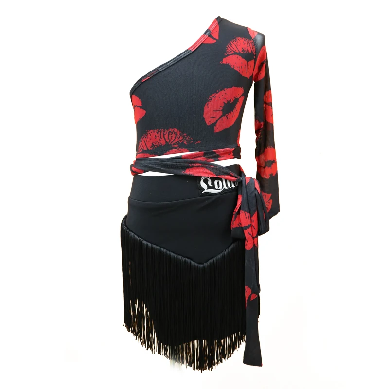 Latin clothing, summer black dance dress, girls' high-end practice clothes, children's performance clothes, tight fringe skirt