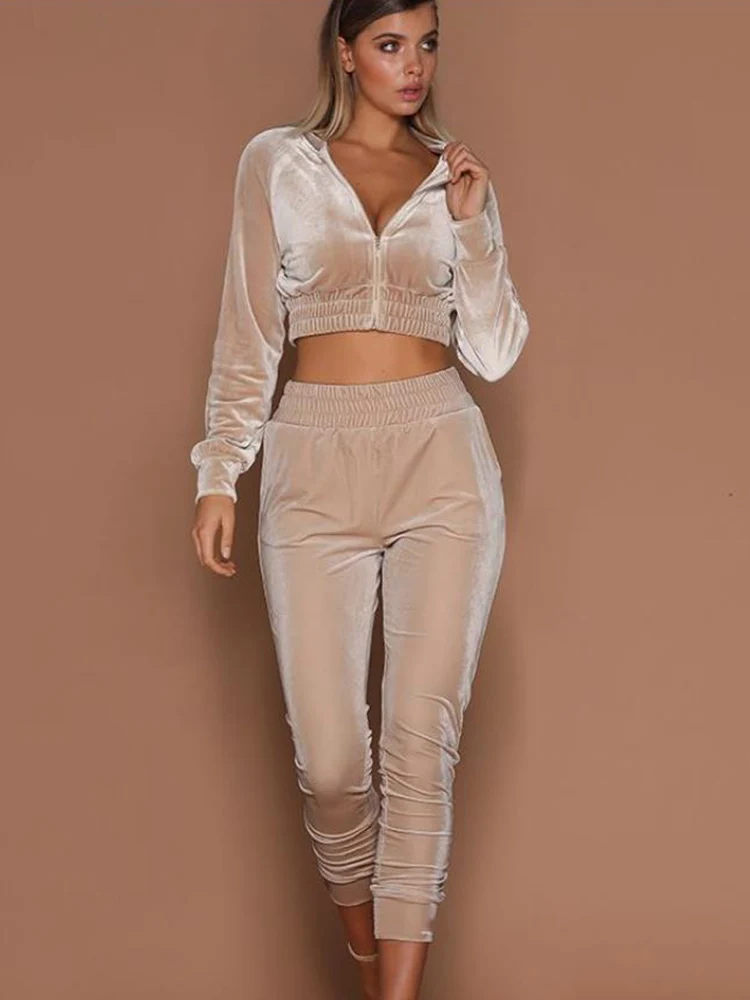 Letter Print Velvet Tracksuit Set Women 