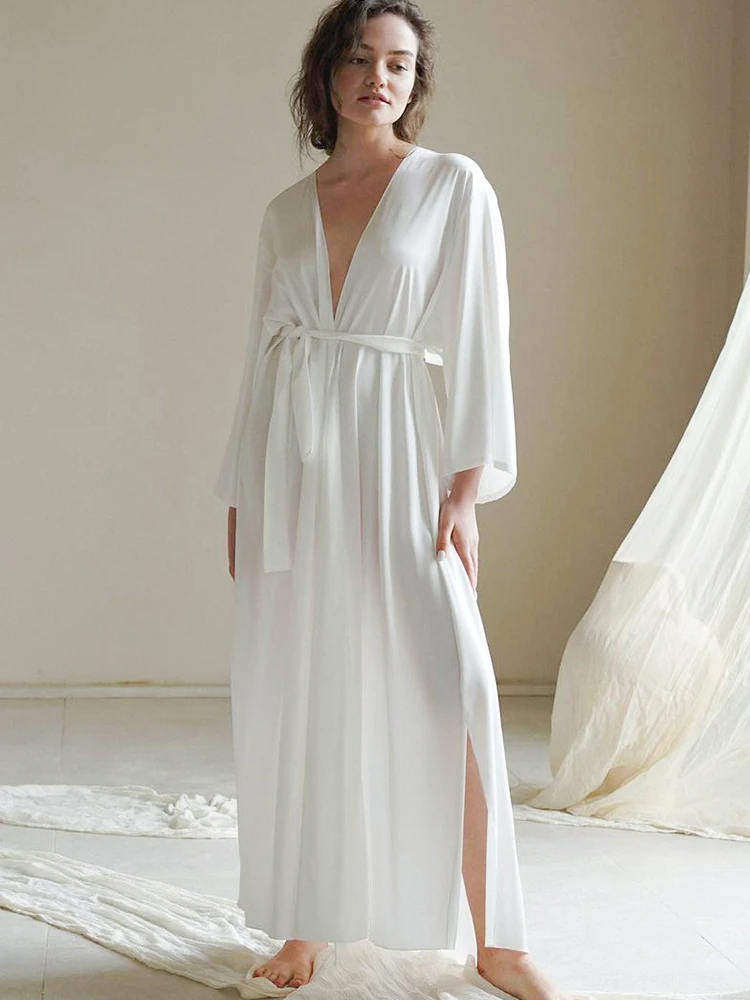 Linad White Robes For Women Loose Three Quarter Sleeve Sleepwear Sashes