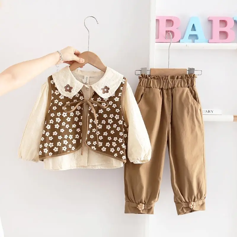 

Girls' Clothing Fashionable Stylish Autumn Suit Korean Style Long-Sleeved Vest Pants Three-Piece Set Baby Girl Clothes