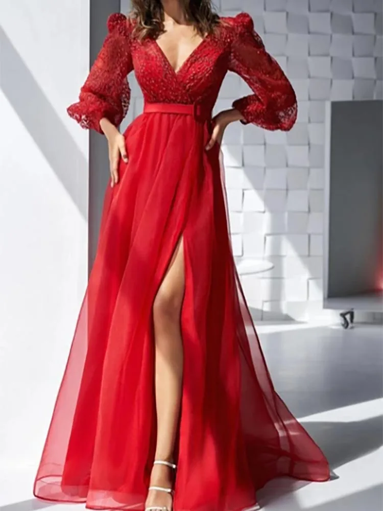 

New In Long Sleeve Plunged Chiffon Red Front Split Dress with Beaded Mother of the Bride Dress Wedding Guest Formal Occasion
