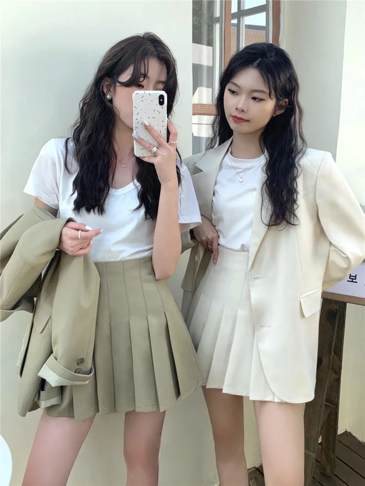 Korean Fashion Solid Two-piece Skirt Set Women Single Breasted Blazer Coat + Pleated Mini Skirt Autumn Office Lady Casual Suits