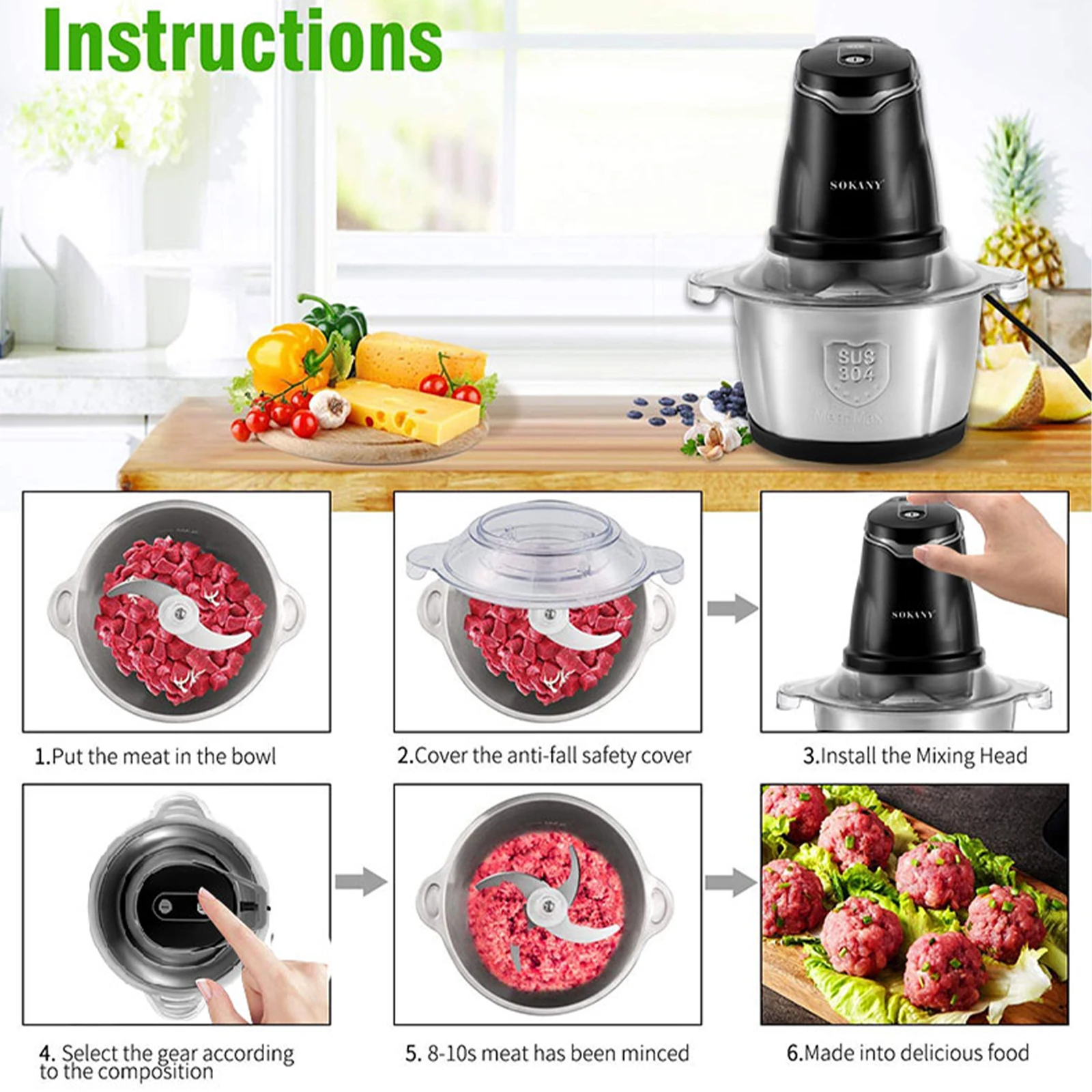 SOKANY7020 Meat Grinder, Electric Cooking Machine, Vegetable Chopper and Garlic Mincer, Garlic Paste Wizard, 2-Liter Large Capac 5