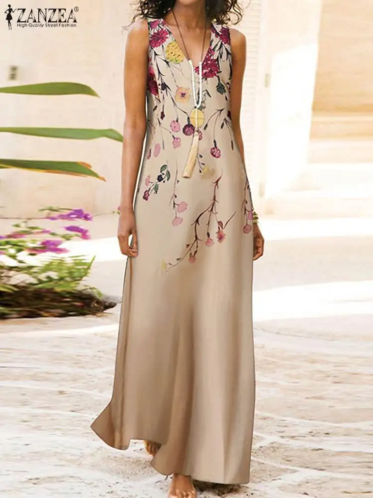 

ZANZEA Summer Maxi Long Dress Women V Neck Sleeveless Casual Floral Printed Dresses Vestido Bohemian Beach Holiday Sundress