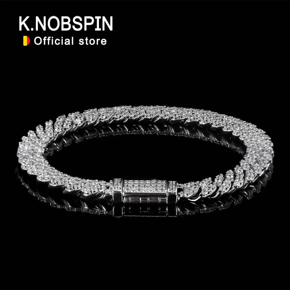 KNOBSPIN D VVS1 Moissanite Cuban Bracelet Original s925 Sterling Silver Plated 18k White Gold with GRA Bracelets for Women Man