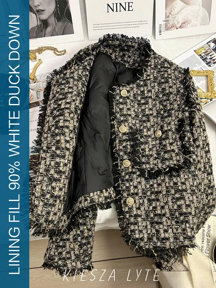 

Женская твидовая куртка на белом утином пуху, черная короткая куртка в новом стиле с вдохновленным дизайном, 2024