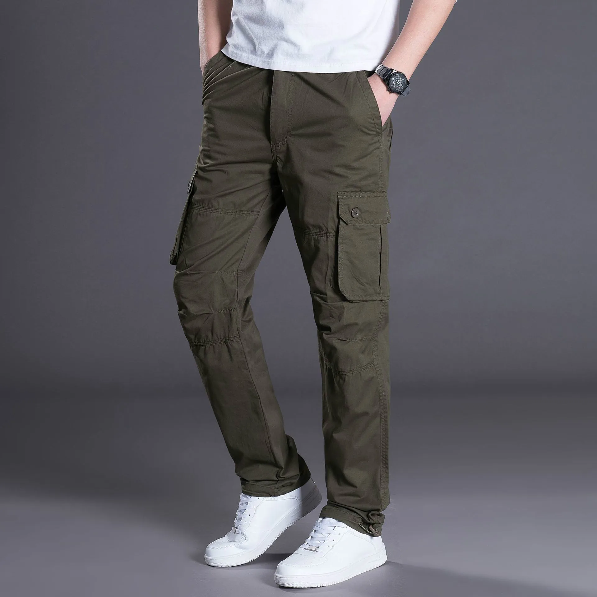 

Spring Men Trousers Boys Cotton Multi-pocket Overalls Casual Green Cargo Pants Male Long Straight Mens Large Size Sports Pants