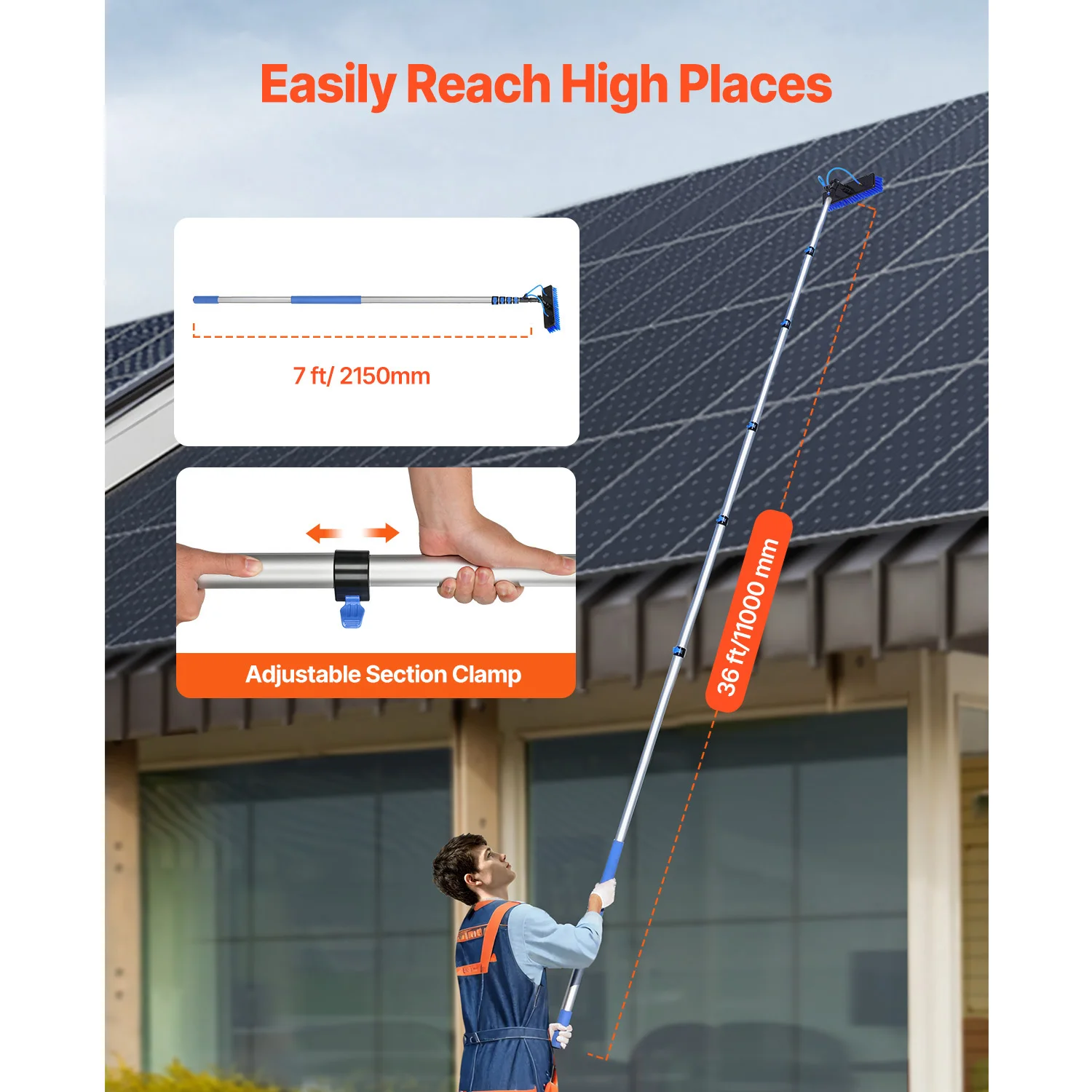 SucceBuy Water Fed Pole Kit 36FT Solar Panel Clean Pole w/Extendable Handle 180&deg;Rotatable Brush Head&65.6FT Hose for Solar Panel