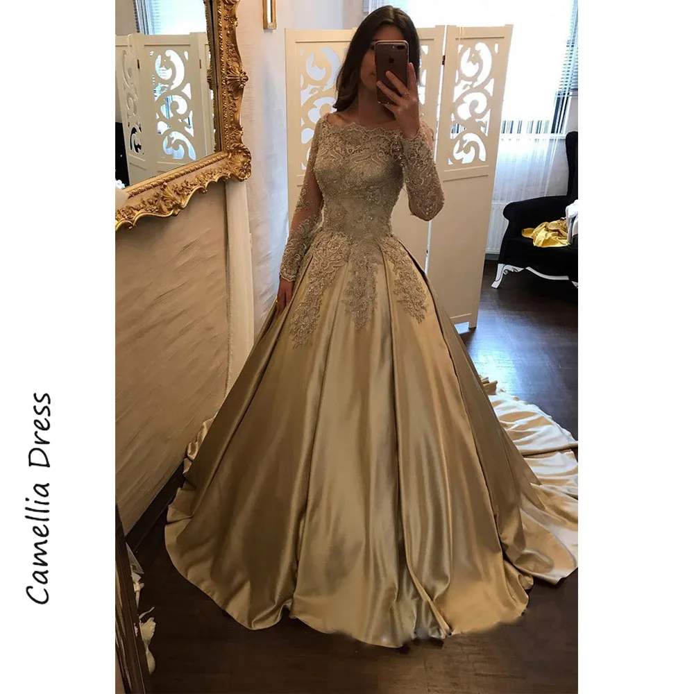 

Charming Evening Dresses Ball Gown Party Dresses Long Sleeve Lace Appliques Long Formal Dresses Vestidos De Fiesta فساتين السهرة