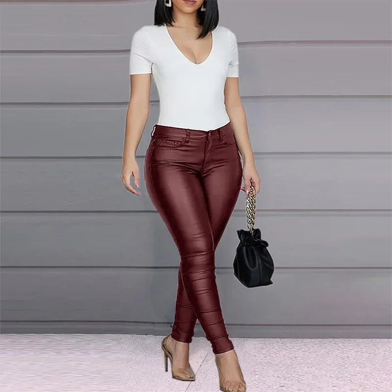 2024 Spliced Women's New jeans Fashion Solid Color PU Leather Pants Sexy Feet Pants Casual Pants women  YBF2-3