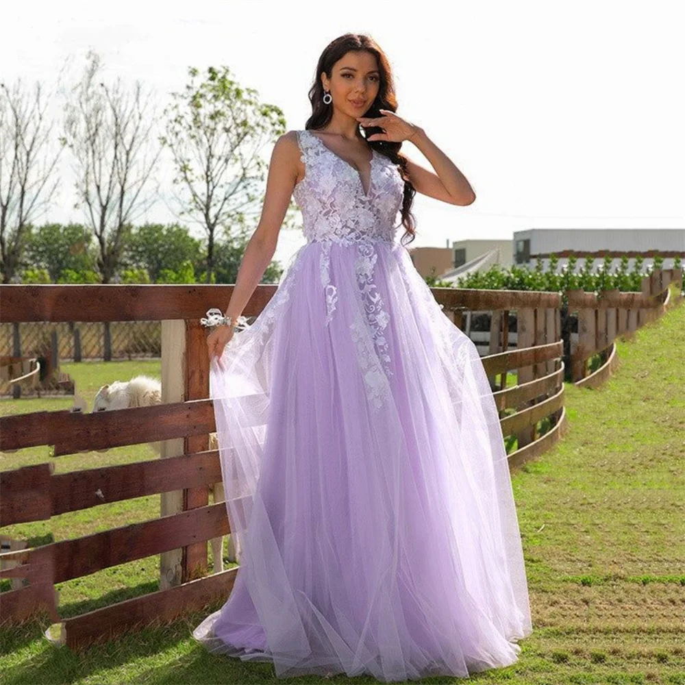 

LSYX Lavender فساتين مناسبة رسمية Princess Flower Embroid V-neck Vestidos De Noche Sweet Tulle Floor Lenght Prom Dress 2023