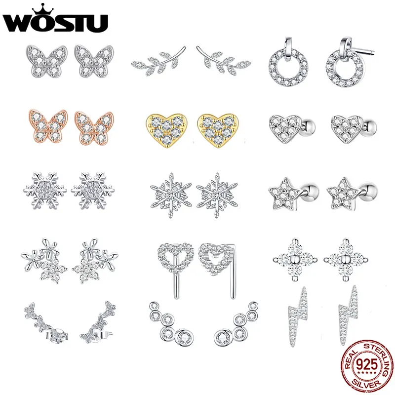 

WOSTU 925 Sterling Silver Mimi AAA Zircon Wedding Stud Earrings For Women Heart Star Lightning Earring Euro Korean Party Jewelry