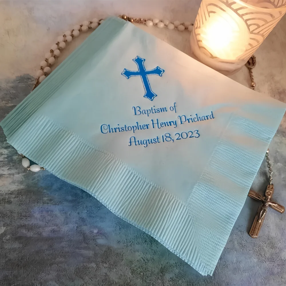 

50Pcs Personalized Baptism Cocktail Napkins -Christening - First Communion - Confirmation- Cross- Religious-Dedication Napkins