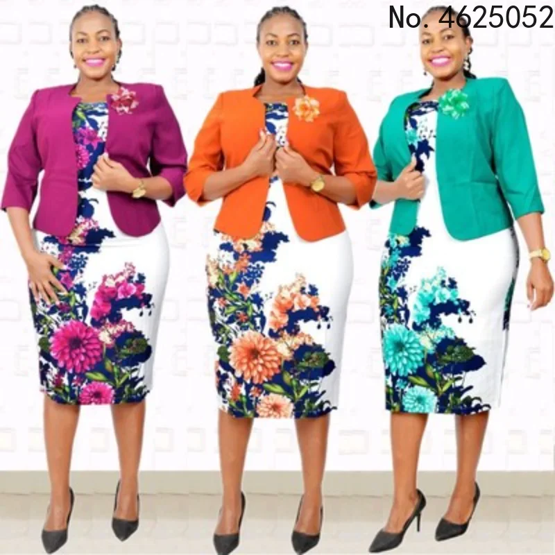 African Clothes Flower Printed Two Pieces Set Women 2023 Autumn Office Lady O-Neck Sleeveless Bodycon Mini Dress&Coat Suit Set