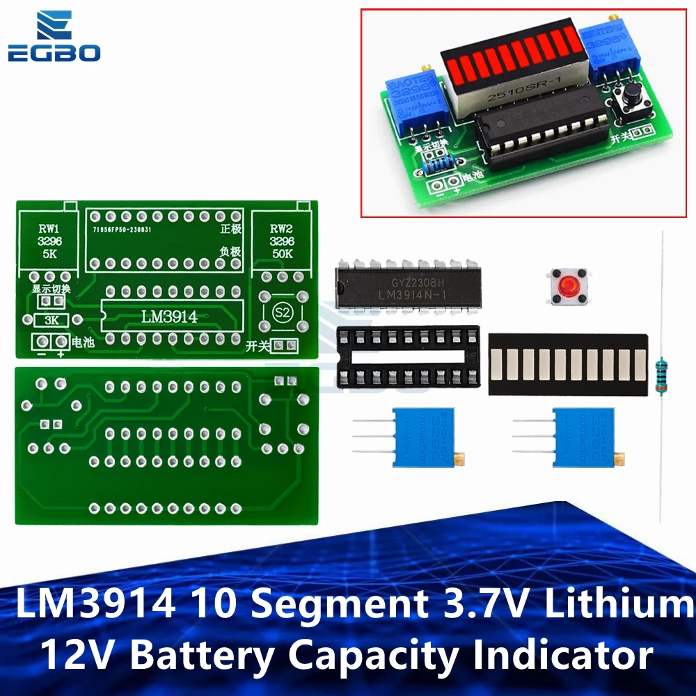 LM3914 Módulo Indicador De Capacidade Da Bateria Testador De Nível De Energia 10 Segmentos 3.7V Lítio 12V Display LED Ki | Brasil