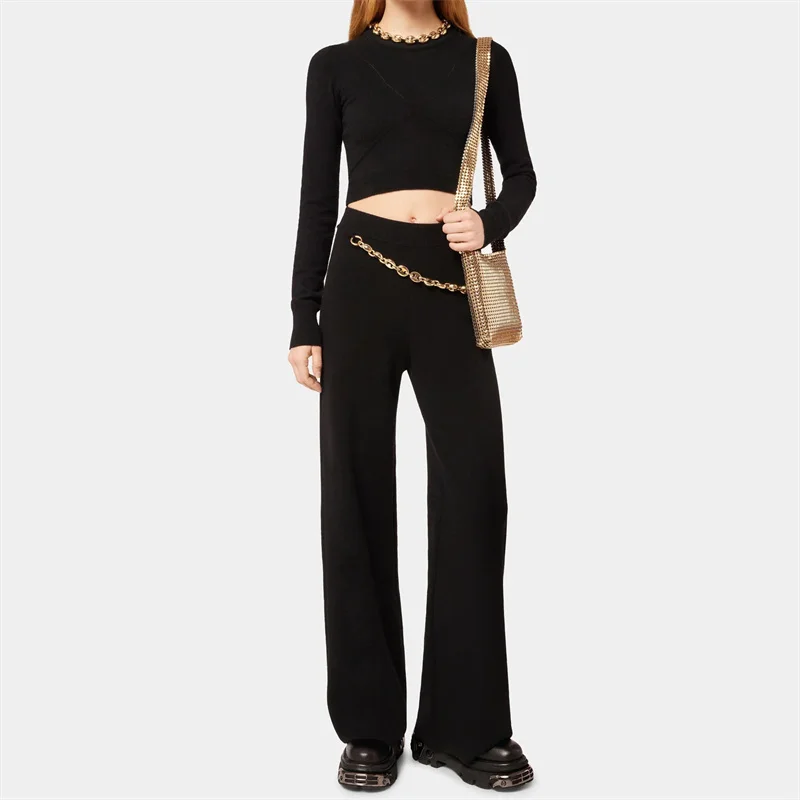 

Women's sweater 2023 Autumn New Korean Fashion Metal Chain Decorative Round Neck Pullover Elastic knitted Long Sleeved Top y2k