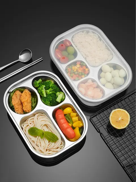 316 Stainless Steel Divided Dinner Plate With PP Dust Lid Student Kindergarten Lunch Box High-capacity Food Tray Container