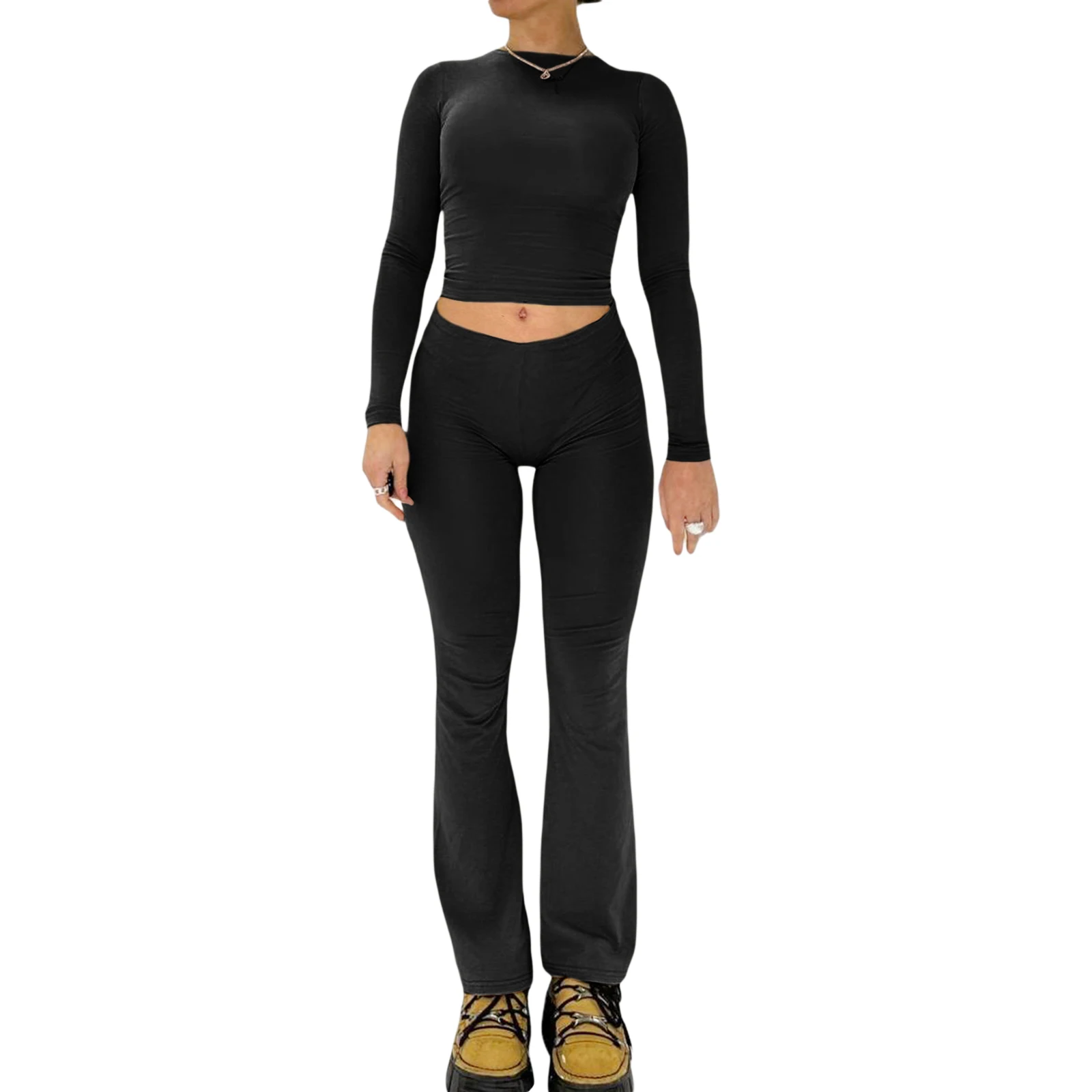 

Women's Casual Outfits Solid Color Long Sleeve Cropped Tops T-shirts Long Pants 2 Piece Sports Clothes Loungewear Set