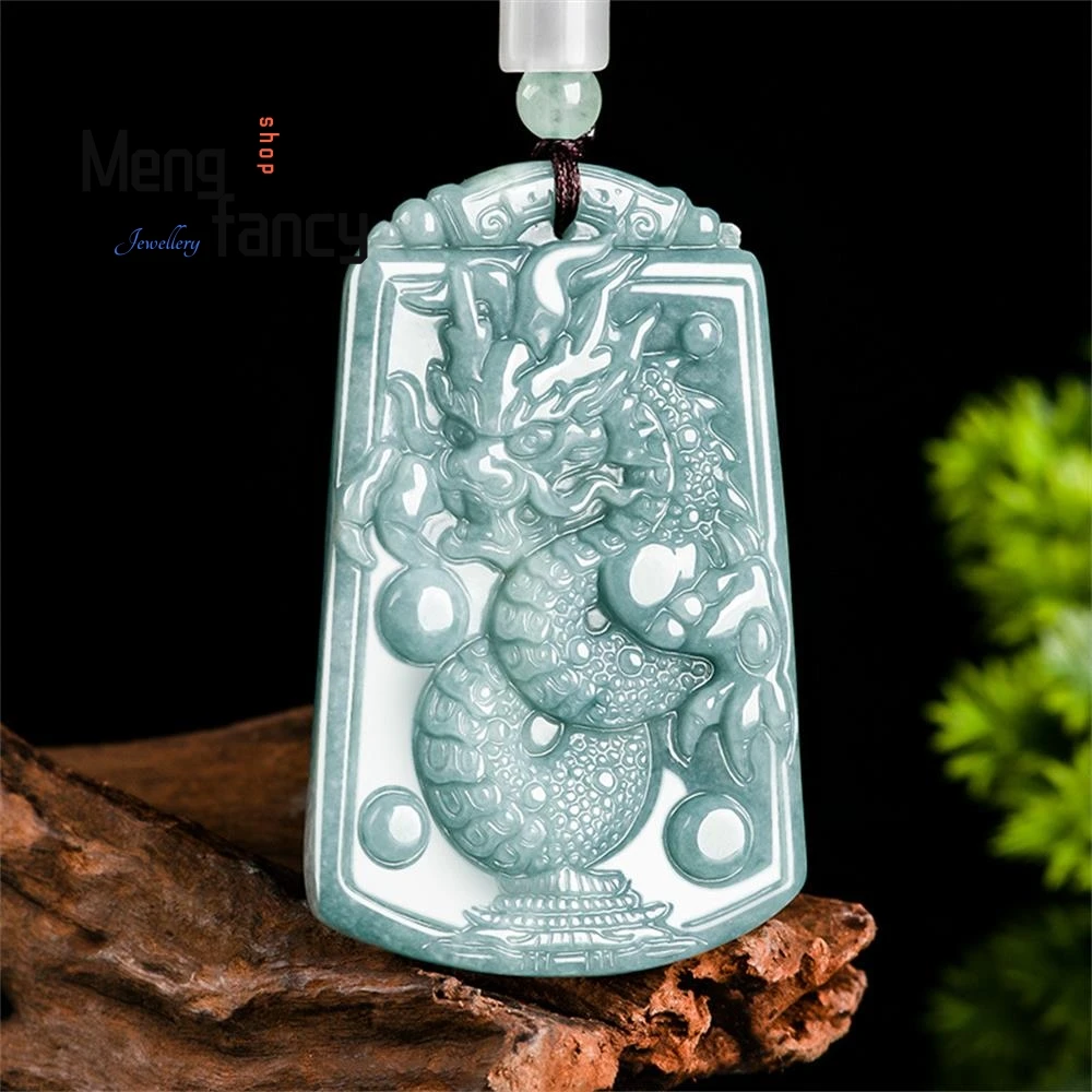 

Natural A-goods Jadeite Blue Water Zodiac Domineering Dragon King Ice Jade Pendant Exquisite Engraver Fashion Jewelry Handicraft