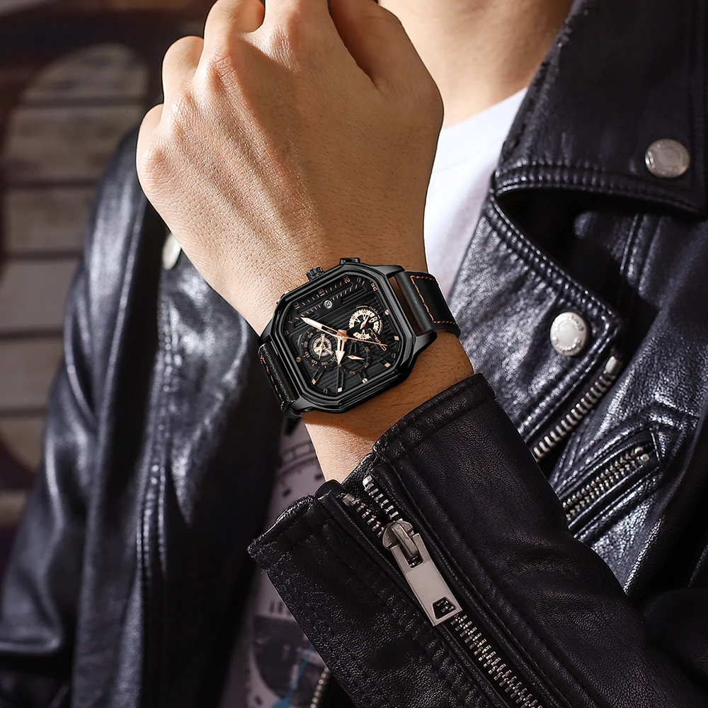 Orologio Da Uomo CRRJU In Pelle, Quarzo Analogico Con Lunetta Ottagonale | Impermeabile 3 ATM, Regalo Uomo Affari