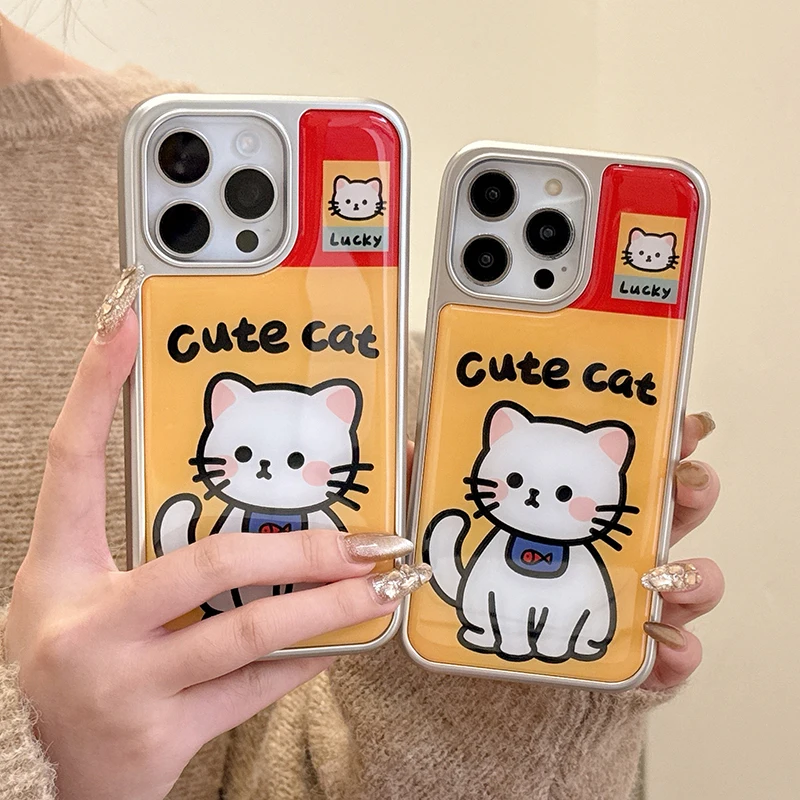 Cute Lucky Cat Glossy Back Cover Case For iPhone 16 15 13 14 12 Pro Max Plating Silver Bumper Phone Shell