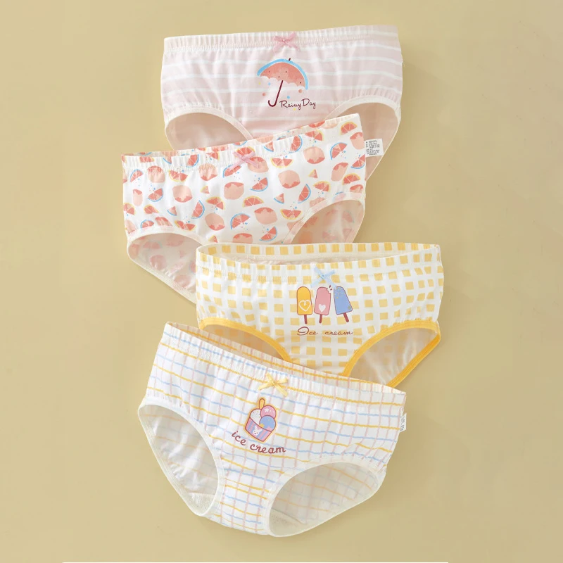 

4PCS Girls Cotton Antibacterial Panties Kids Thin Soft Breathable Knickers Cute Cartoon Print Briefs 3+y Young Child Underwears