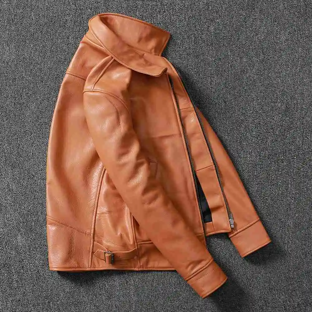 Winter Vintage Top Layer Cowhide Leather Jacket Men Plus Size Swallow Tail Short Slim Youth Trend Coat mens lambskin coat