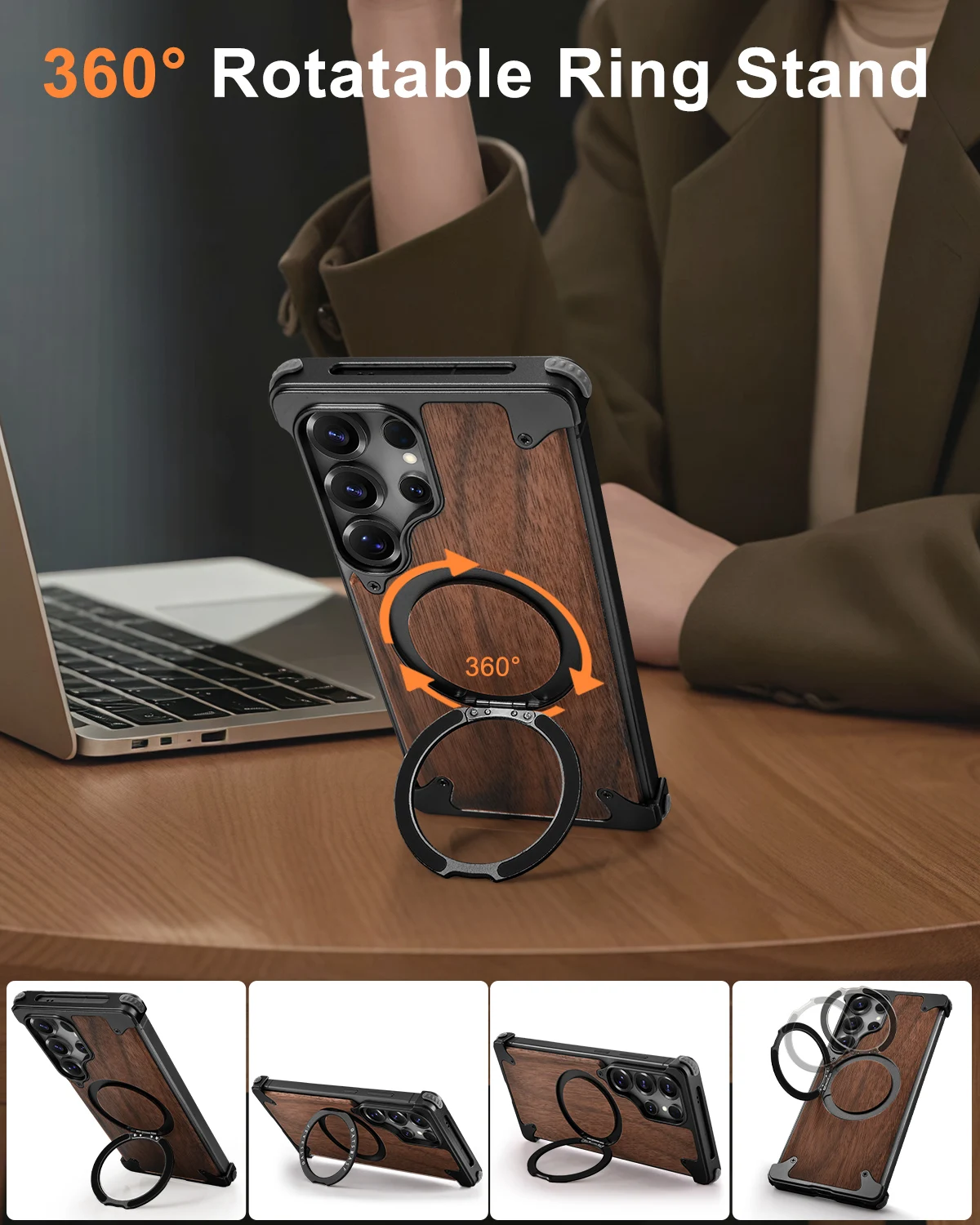 Eary Premium Wood Phone Case for Samsung Galaxy S25 S24 Ultra With Magsafe 360° Rotation Ring Stand Frameless Protective Bumper