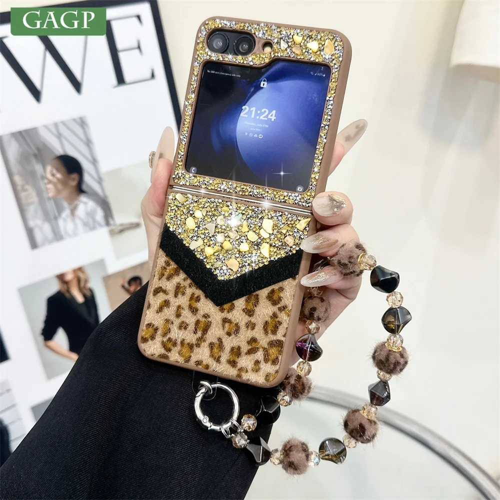 Deluxe Bling Diamond Leopard Furry Plush Winter Case with Wrist Strap
