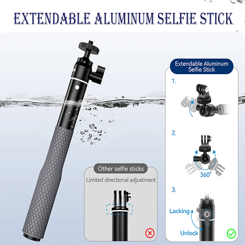 Perche selfie pour GoPro et action cam, extensible 654mm, fixée sur un trépied
