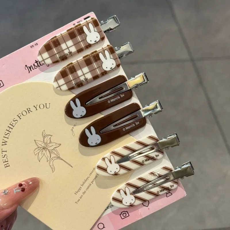 Miffy Cartoon Hairpin - Cute Fresh Curry Color Checkered Bangs Clip