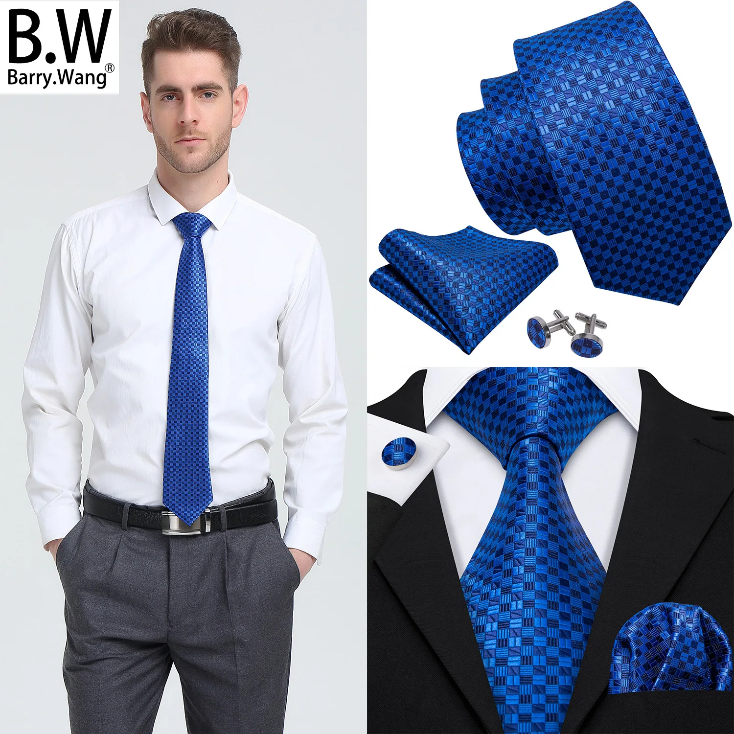 

Barry.Wang Elegant Plaid Men Tie Silk Necktie Hanky Cufflinks Set Jacquard Checked for Male Wedding Party Business 8.5CM Width