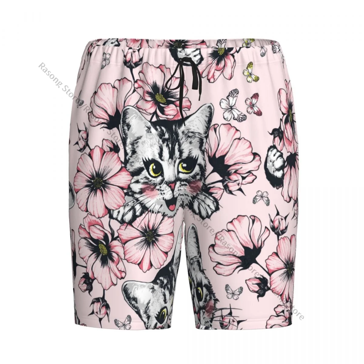 

Мужские короткие пижамные штаны для сна, с рисунком счастливого котенка, свободные штаны на пуговицах