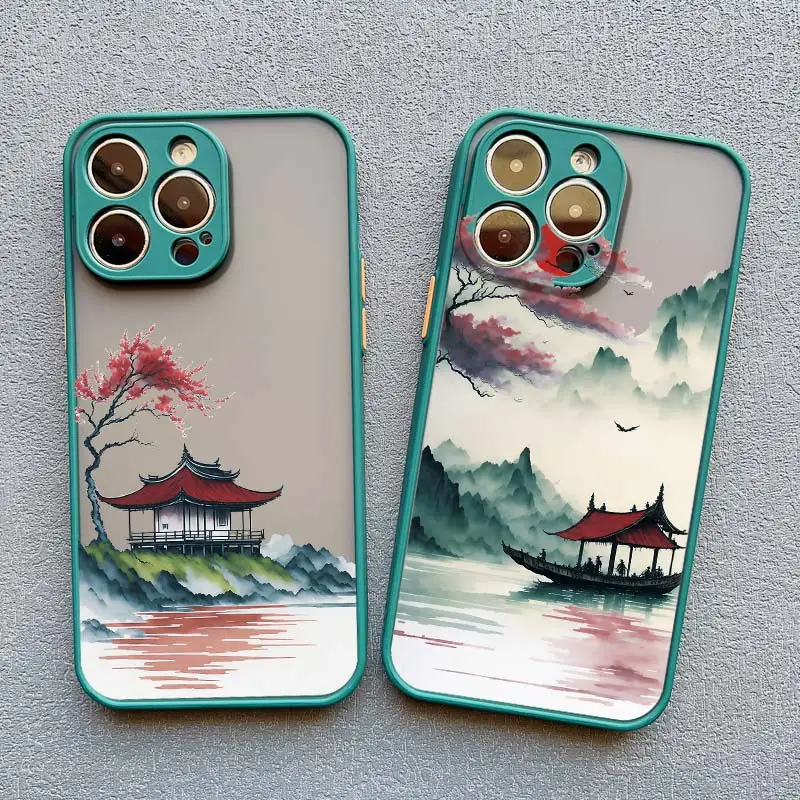 Tinte und waschen Malerei Landschaft Fall für iPhone 15 14 13 Pro Max 12 13 Mini 11 Pro Max 7 8 plus Se2 x xr xs stoß feste Abdeckung Funda