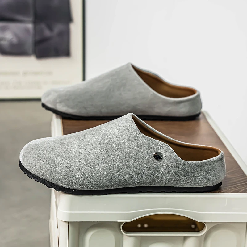 Men  suede leather Mules Close Toe Slippers Spring Summer Slip on Flats Unisex Low-heeled Comfort Potato Slides