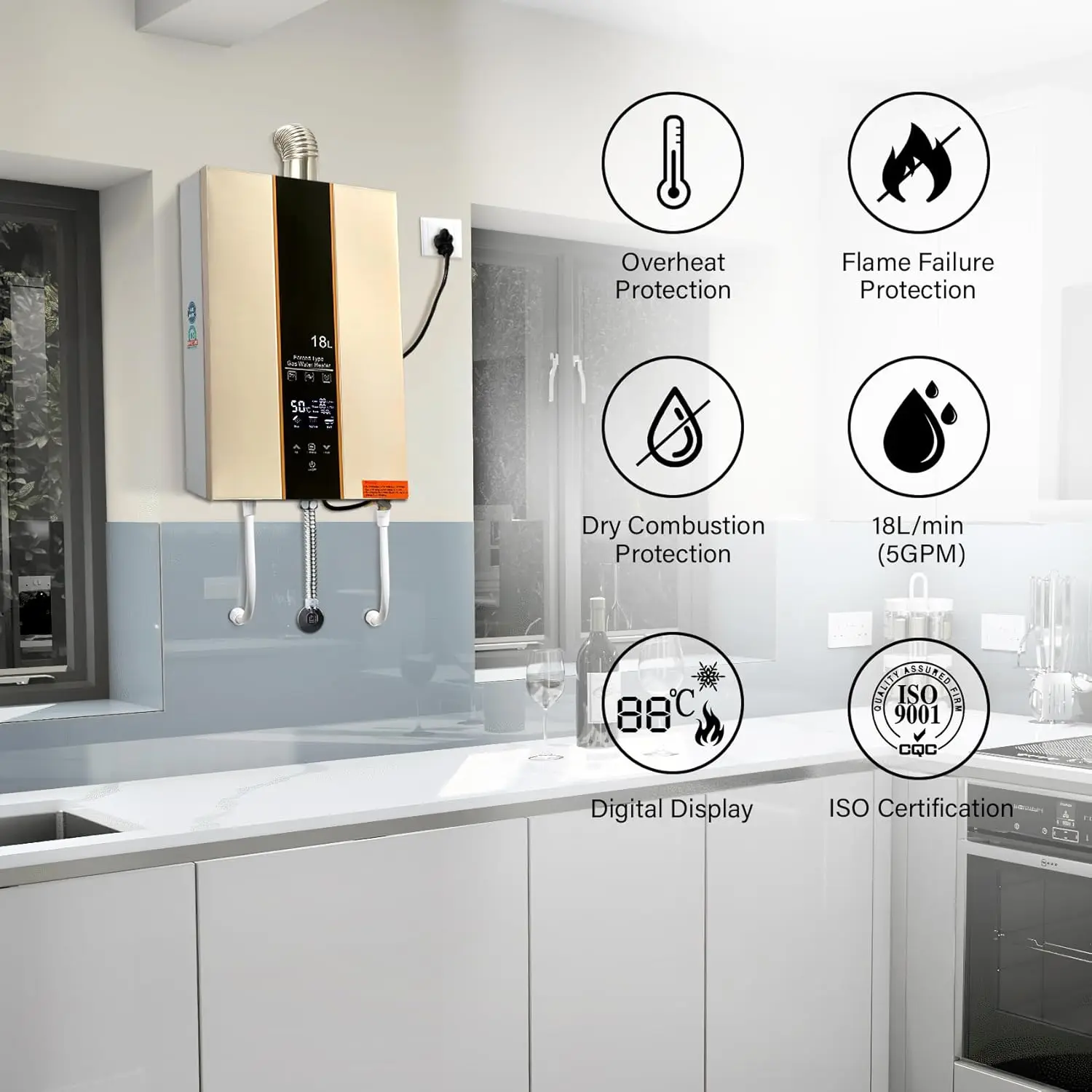 18L Tankless Water Heater Natural Gas 4.75 GPM On-Demand Instant Hot Water Heater 111000BTU with Digital Display Touch Screen