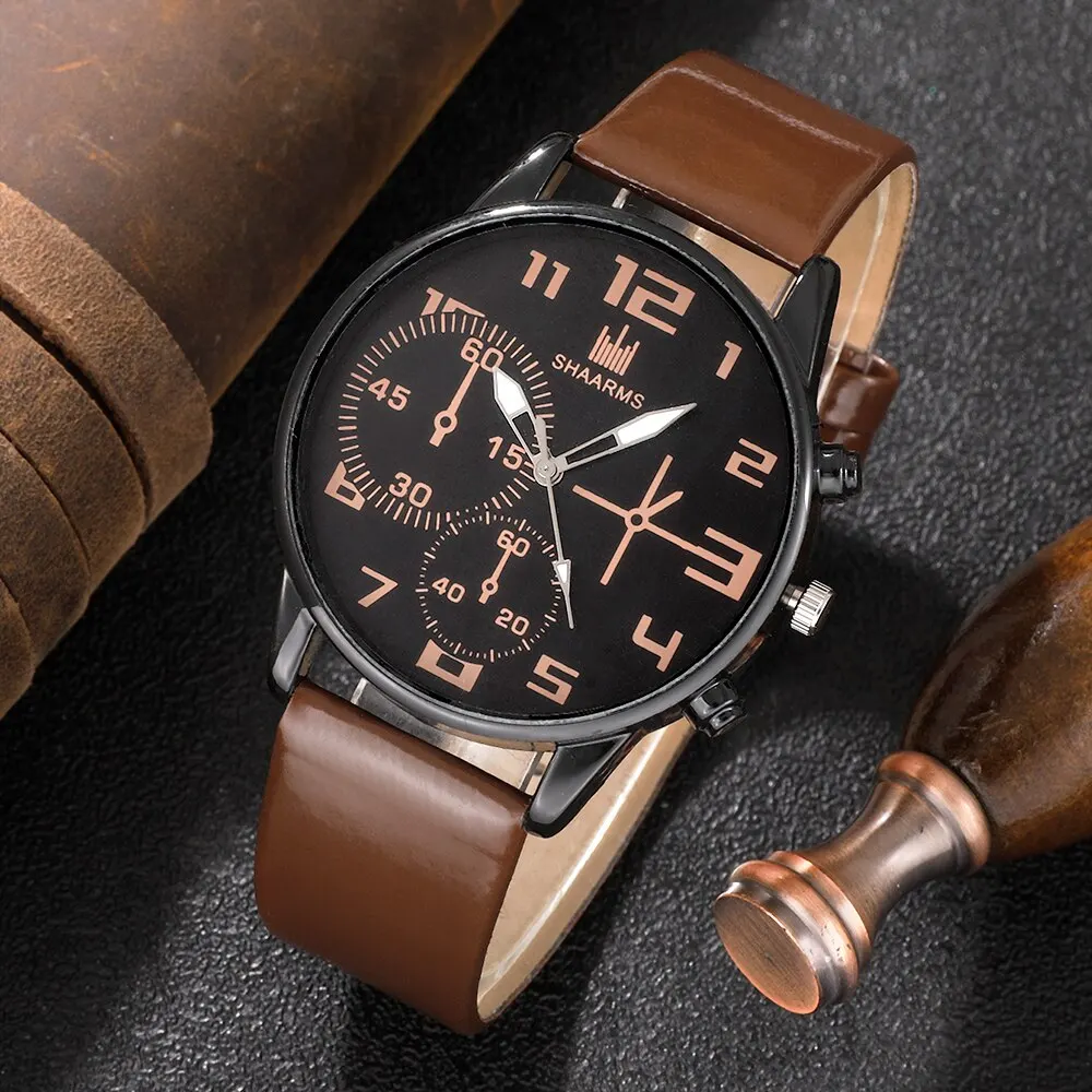 5PCS Set Fashion Mens Sports Bracelet Watches For Men Retro Big Dial Quartz Wrist Watch Classic Male Casual Brown Leather Watch - Image 3