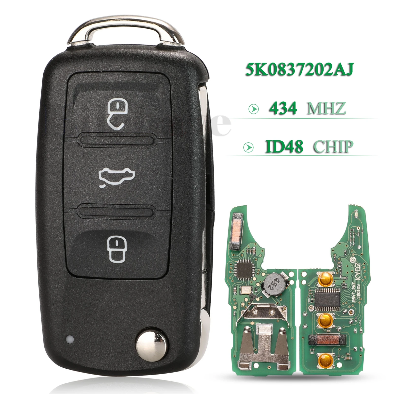 

Jingyuqin 5 шт. БЕСКЛЮЧЕВОЙ для VW Volkswagen GOLF PASSAT Tiguan Polo Jetta Beetle Fob 434 МГц ID48 чип 5K0837202AJ дистанционный Автомобильный ключ