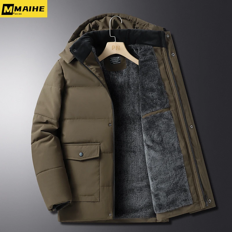 

Winter Jacket Men's Business long wool lined thermal parka Luxury brand Korean version thickened hooded padded jacket erkek mont