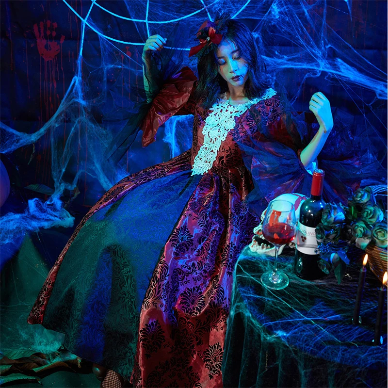 

Halloween Costume for Women Vintage Victorian Age Dress Medieval Witch Long Sleeve Printed Lace Court Dresses Masquerade Robe