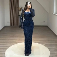 Exquisite Square Collar Evening Dress Beading Lace Straight Floor Length Custom Made Women Wedding Party Long Sleeve Gowns